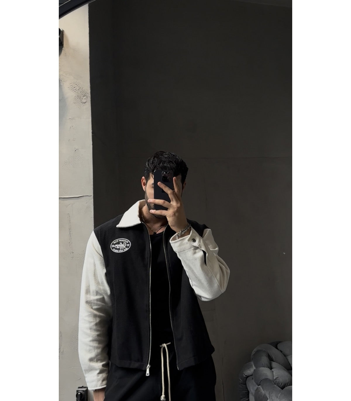 Oversized varsity jacket set.